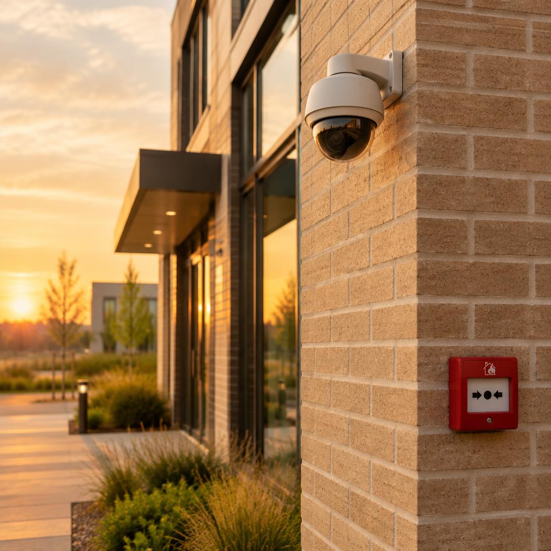 CCTV dome camera and fire alarm call point on a sunlit brick building