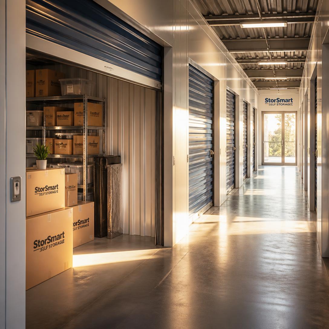 Clean self-storage facility corridor in afternoon light