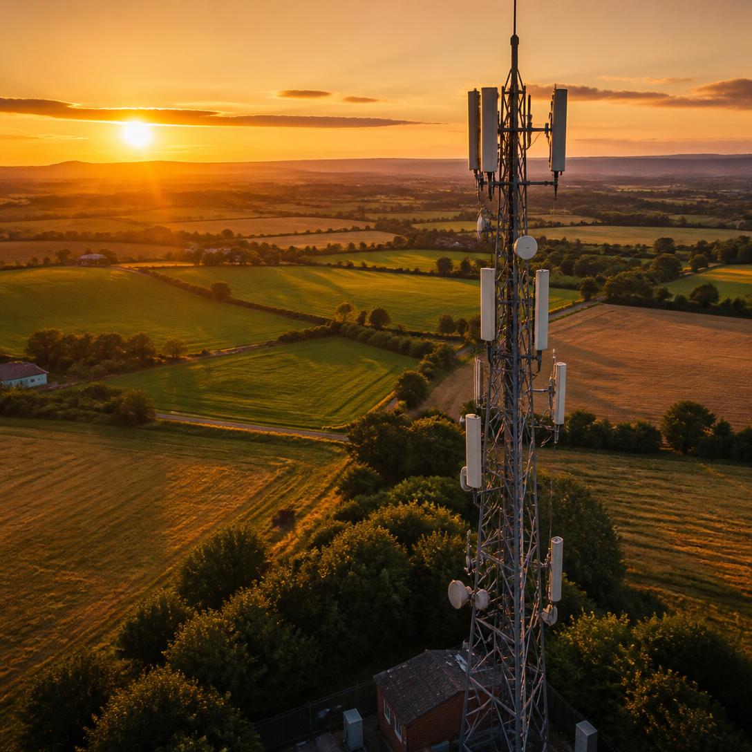 Telecommunications mast in rural farmland at golden hour